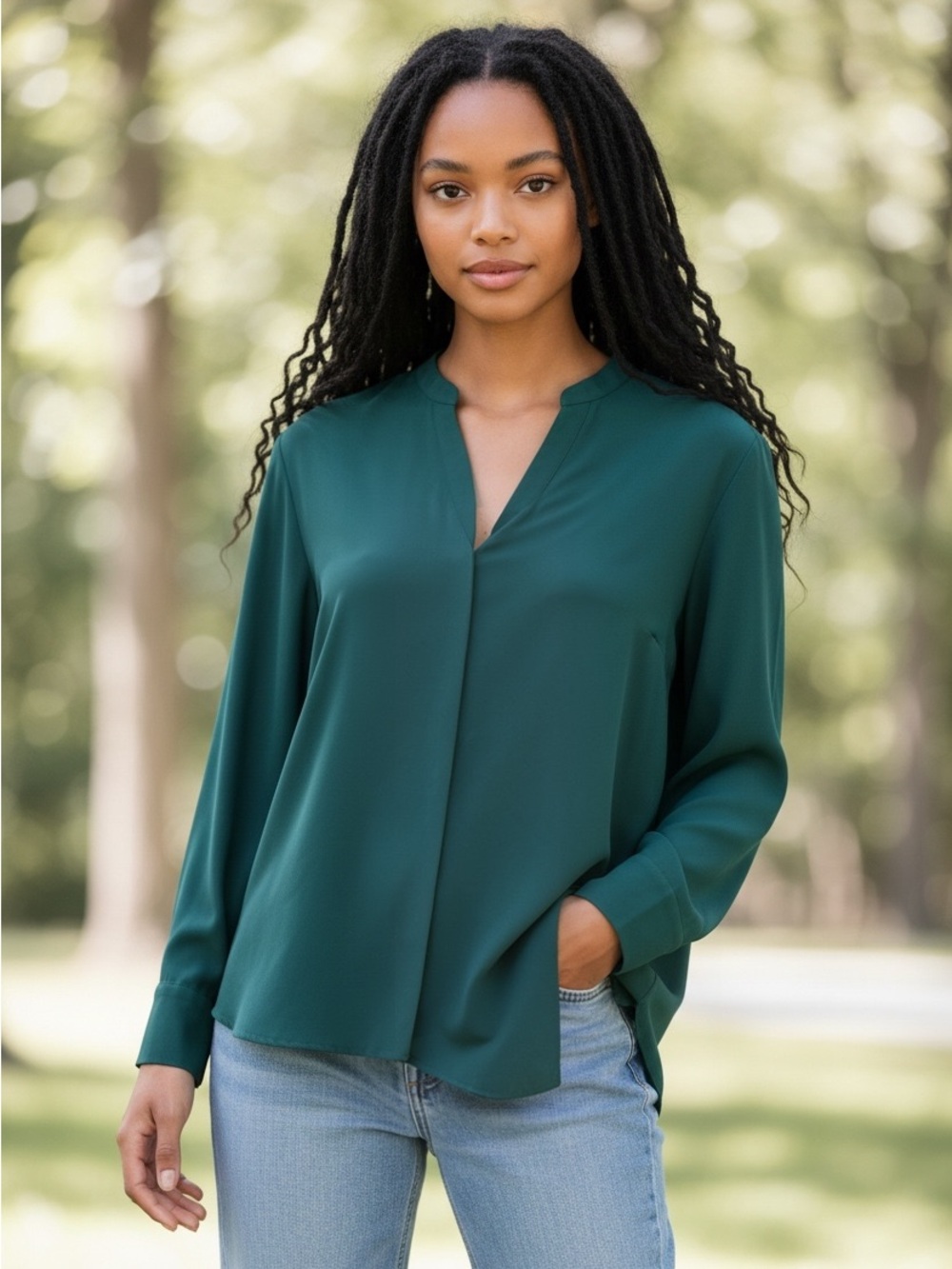 RW&CO. Deep Green, Long-Sleeve V-Neck Blouse Sz X-Large